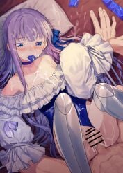 1boy absurdres bare_shoulders blue_eyes blue_ribbon blush breasts censored choker coffeekite collarbone condom condom_packet_strip condom_wrapper cum cum_on_body fate/grand_order fate_(series) female frills hair_ribbon highleg highleg_swimsuit highres long_hair long_sleeves lying meltryllis_(fate) meltryllis_(swimsuit_lancer)_(fate) meltryllis_(swimsuit_lancer)_(second_ascension)_(fate) missionary off-shoulder_one-piece_swimsuit off_shoulder on_back one-piece_swimsuit penis pillow prosthesis prosthetic_leg puffy_sleeves purple_hair pussy ribbon sex sleeves_past_fingers sleeves_past_wrists small_breasts straight swimsuit vaginal_penetration very_long_hair white_ribbon