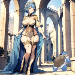 ai ai_generated blastoise blue_hair bras brown_eyes castle curvy humanization nintendo pokemon pokewomen short_hair standing wide_hips