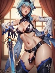 1futa ai_generated blue_hair breasts bulge_through_clothing eula_(genshin_impact) futa_only futa_sans_pussy futanari genshin_impact latex leaning_on_object momodart penis stable_diffusion sword testicles torn_clothes yellow_eyes