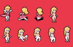 blonde_female blonde_hair blue_eyes breasts crown gloves leg_cross legs legs_spread mario_(series) muymal pink_nipples pink_pussy pixel_art princess princess_peach pussy super_princess_peach vagina