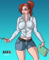 1girls 2017 2d 2d_(artwork) alekerectsociety artist_name dated denim_shorts digital_drawing_(artwork) digital_media_(artwork) earrings female female_only green_eyes green_eyes_female large_breasts light-skinned_female light_skin red_hair red_hair_female red_hair_green_eyes red_lipstick shorts solo solo_female student tagme teenage teenage_girl