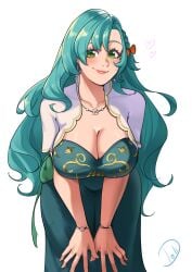 1girls absurdres aqua_dress aqua_hair blush breasts chloe_(fire_emblem) cleavage cowboy_shot deliciousbra deliciousbrain dress earrings female female female_only fire_emblem fire_emblem_engage green_eyes highres jewelry large_breasts leaning_forward long_hair looking_at_viewer nintendo official_alternate_costume simple_background smile solo standing very_long_hair white_background