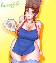 1girls apron apron_only big_breasts chef_hat condensed_milk female female_only food messirve milk milkmaid_(nestle) nestle pancake si