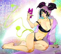 1girls abstract_background barefoot cleavage feet labslider sitting smartphone toes underwear