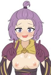 1girls bernadetta_von_varley breasts breasts_out clothing double_v female female_only fire_emblem fire_emblem:_three_houses fire_emblem_warriors:_three_hopes front_ponytail gloves long_sleeves nervous nintendo nipples open_mouth purple_eyes purple_hair short_hair small_breasts smile solo sweat v white_background yoshio_hentai