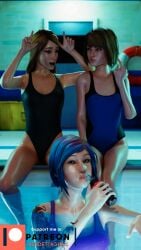 3d 3girls blender chloe_price female full_color life_is_strange looking_at_viewer max_caulfield no_penetration open_mouth patreon pool rachel_amber swimsuit vendettagirls