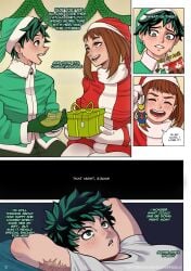 1boy 1girls brown_hair christmas christmas_clothing christmas_outfit comic comic_page english_text female gift green_hair izuku_midoriya light_skin lilliamfeels looking_at_another looking_up my_hero_academia ochako_uraraka page_2 page_number smiling smiling_at_partner sweat sweatdrop sweating text