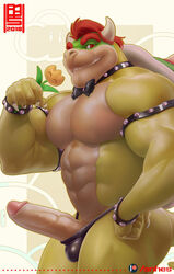 1boy abs anhes anthro bowser bulge clothing erection fire_flower flower koopa looking_at_viewer male male_only mario_(series) nintendo pecs penis reptile scalie smile solo standing super_mario_bros. thong underwear vein veiny_penis