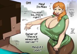 1girls alex_(minecraft) alternate_breast_size boob_window breasts busty casual casual_nudity cleavage clothed curvaceous curvy curvy_body curvy_female curvy_figure english english_text female green_eyes grey_impact huge_breasts large_breasts minecraft nipples_visible_through_clothing no_bra orange_hair red_head steve_(minecraft) text voluptuous wardrobe_malfunction