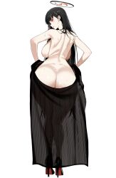 ass ass_focus ateoyh black_hair blue_archive breasts bright_pupils commentary_request cum cum_on_ass expressionless female full_body hair_ornament hairclip halo high_heels highres huge_ass large_breasts long_hair looking_at_viewer looking_back pussy red_eyes rio_(blue_archive) see-through simple_background solo standing very_long_hair white_background