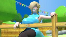 3d 3d_(artwork) black_leggings black_nails blender blonde_hair blue_eyes clothed fence growth_drive light_blue_lipstick light_blue_shirt mario_(series) nintendo princess_rosalina sitting_on_fence squidly super_mario_galaxy