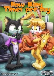 1boy 2girls anthro antoine_d'coolette bbmbbf bunnie_rabbot comic cover_page ebony_the_cat erection female how_many_times_per_day_(comic) male mobius_unleashed nude palcomix penis sega sonic_(series) sonic_the_hedgehog_(series)