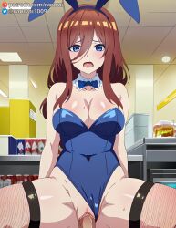 ai_generated anime blue_eyes bunny_girl bunnysuit cowgirl_position go-toubun_no_hanayome large_breasts nakano_miku quintuplets ranwai sex stable_diffusion