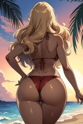 1girls ai_generated ass ass_focus back beach bikini blonde_hair blue_skycloud cameltoe dark_skin evening facing_away from_behind from_below gradient_sky hand_on_hip horizon large_ass long_hair megazard ocean orange_sky outdoors palm_tree red_bikini sand shiny shiny_skin shore solo summer sun sunset swimsuit tagme thigh_gap walking water wavy_hair wide_hips