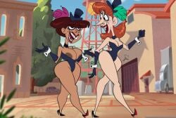 animaniacs animaniacs_(2020) areola_slip big_breasts big_hips bunnysuit heels nipple_slip silverfox12 third-party_edit walking warner_brothers