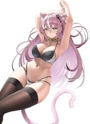 1girls animal_ears big_breasts blush bra cat_ears cat_tail catgirl cleavage embarrassed embarrassed_female enya_yoruneko female female_focus female_only green_eyes highres hourglass_figure indie_virtual_youtuber light-skinned_female light_skin long_hair looking_at_viewer lp0000 pink_hair simple_background solo solo_focus thighhighs thong virtual_youtuber vtuber vtuberfanart white_background