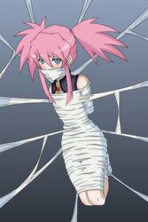 1girls blue_eyes bondage clothed clothes cocoon female gag gagged harusame immobile pigtails pink_hair presea_combatir restrained simple_background solo spider_web tales_of_(series) tales_of_symphonia tied_up twintails web web_bondage web_gag webbing wrapped