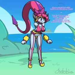 1girls :t blue_eyes chabble dialogue english_text female female_only genie genie_girl hoopa hoopa_(confined) hoopa_(unbound) implied_transformation monster_girl pokegirl pokemorph post_transformation pout pouting shantae shantae_(character) solo tagme tail_hair text transformation wish
