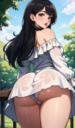 1girls ai_generated ass ass_focus bangs bare_shoulders black_hair breasts dress from_behind from_below lips lipstick long_hair looking_at_viewer looking_back megazard off_shoulder outdoors panties parted_lips railing red_lips see-through sky solo tagme thick_thighs thighs tree underwear upskirt wet_clothes white_dress white_panties