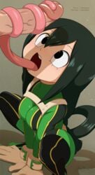 1boy 1girls amphibian animal_humanoid bangs big_eyes big_penis black_eyes black_hair blowjob bodysuit boots breasts clothed clothing crouching duo erection eyelashes fellatio female female_focus frog_humanoid fully_clothed gloves green_clothing hair hair_rings hero_outfit_(mha) highres humanoid humanoid_penis light_skin long_hair long_tongue looking_up male merunyaa my_hero_academia open_mouth oral pale_skin penis pink_tongue sex solo_focus straight tight_clothing tongue tongue_around_penis tongue_out tongue_wrap tonguejob tsuyu_asui young