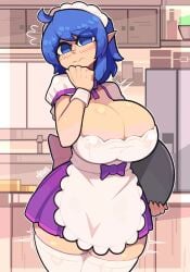 1girls big_breasts blue_eyes blue_hair blush breasts female female_only kitchen light-skinned_female maid_uniform movailarts original original_character solo tagme thick_thighs thighhighs voluptuous