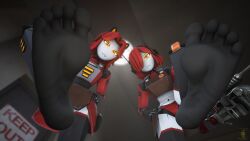 2girls 3d barefoot feet female foot_fetish foot_focus glowing_eyes humanoid_feet red_hair robot robot_girl robot_humanoid scorch_dreamer sfm stepping stomping team_fortress_2 teleporter_twins_(team_fortress_2)