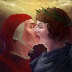 2boys ancient ancient_rome boy brown_hair catholic christianity dante dante's_inferno dante_alighieri dante_vergil divine_comedy fine_art_parody gay heaven hell history italian italy kiss kiss_on_lips kissing kissing_cheek laurel_crown literature love man medieval men_kissing mythology poem public_domain seraphim_terro shitpost tagme tagme_(artist) vergil vergil_dante yaoi