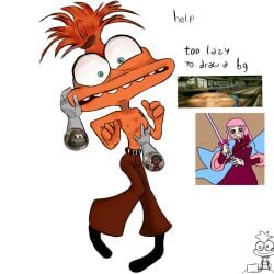 anxiety anxiety_(inside_out) girl green_eyes hand_on_breast hand_on_head hands idk inside_out inside_out_2 meme meme_reference orange orange_hair pants teeth_showing