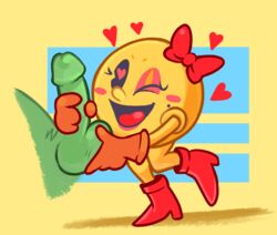 <3_eyes anon ball_fondling balls bow clothing duo female fondling footwear handjob heart high_heels humanoid lipstick male ms._pac-man pac-man_(series) sex shoes smile solo_focus unknown_artist video_games waddling_head yellow_skin