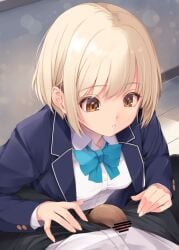 1boy :o aqua_bow aqua_bowtie between_legs blazer blonde_hair blue_jacket bow bowtie censored collared_shirt commentary_request female hands_on_another's_leg jacket kirishima_satoshi male original penis penis_out school_uniform shirt short_hair white_shirt wooden_floor yellow_eyes