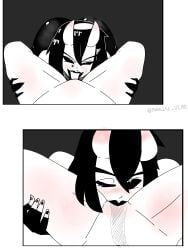 2girls black_and_white black_hair black_lipstick fortnite hope_(fortnite) horns kissing_pussy licking_pussy night_rose parallel_vlad patreon thighs