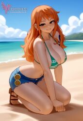 1girls 2d ai_female ai_generated areolae ass back bare_shoulders beach big_ass big_breasts bikini bikini_pull bikini_top blue_bikini blue_eyes clothing day erophoenix female female_focus female_only full_body jewelry long_hair looking_at_viewer nami_(one_piece) ocean one_piece orange_hair outdoors pale_skin pale_skinned_female patreon_username pointy_ears purple_hair shorts shounen_jump sitting sky smile solo swimsuit tan tan_lines thick thick_thighs uncensored