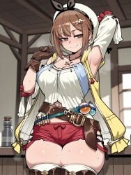 1girls ai_generated armpit_fetish armpits arms_above_head arms_up astralgazer atelier_(series) atelier_ryza bare_shoulders belly_button brown_hair camisole female female female_focus female_only gloves headwear large_breasts looking_at_viewer medium_hair necklace no_bra reisalin_stout seductive seductive_smile short_shorts shorts smile solo steaming_body sweat sweatdrop thick_thighs thighhighs thighs