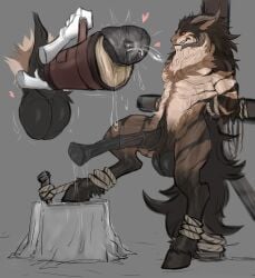 absurd_res ambiguous_gender animal_genitalia animal_penis anthro arms_tied balls big_balls big_penis bondage bondage bound brown_body brown_fur demon disembodied_hand duo ejaculation equine_genitalia equine_penis fur genitals grey_background hi_res hooves hybrid laobai legs_tied long_penis male male/ambiguous muscular muscular_anthro muscular_male penetrable_sex_toy penile penis penis_in_sex_toy penis_milking pussy restraints rope rope_bondage sex_toy simple_background