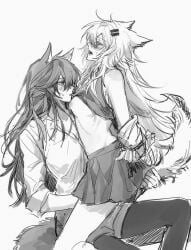 2girls animal_ears ara_200117 arknights black_pantyhose blush bound bound_arms breasts closed_eyes clothes_in_mouth clothes_lift collared_shirt grabbing_another's_tail greyscale hair_between_eyes hand_under_clothes hand_under_skirt highres implied_fingering lappland_(arknights) lifting_another's_clothes long_hair looking_at_another medium_breasts monochrome mouth_hold multiple_girls no_bra pantyhose scar scar_across_eye scar_on_face shirt shirt_in_mouth shirt_lift shorts sidelocks skirt sleeves_rolled_up sweat tail tail_grab texas_(arknights) wolf_ears wolf_girl wolf_tail yuri