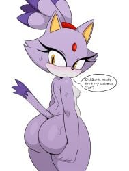 1female 1girls ass ass_focus blaze_the_cat bottom_heavy breasts bubble_butt datoastie dialogue feline female furry furry_female furry_only furry_tail holding_ass nipples nude nude_female purple_body purple_fur simple_background small_breasts sonic_(series) sonic_the_hedgehog_(series) speech_bubble sweat sweatdrop sweating sweaty_body sweaty_butt thick_ass thick_thighs white_background