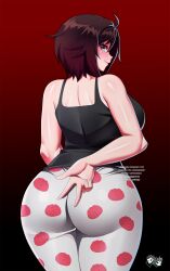 1girls ass ass_focus bare_shoulders black_hair blush breasts come_hither cowboy_shot fat_ass female female_only from_behind gradient_background gradient_hair grey_eyes highres huge_ass huge_breasts jadenkaiba large_breasts light-skinned_female light_skin looking_at_viewer looking_back multicolored_hair pajamas red_hair ruby_rose rwby seductive_gaze seductive_smile shiny_skin short_hair smile solo standing tank_top