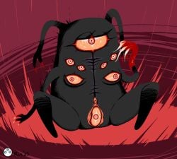 1girls 2025 black_body black_skin breasts eyelashes female female_only glowing_eyes hi_res horns humanoid imp imp_overlord monster multi_eye presenting pussy red_eyes risk_of_rain risk_of_rain_2 sitting thighs ulfrin what