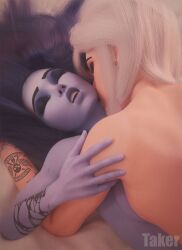 2025 2girls 3d amelie_lacroix areolae arm_tattoo ashe_(overwatch) blue_hair blue_skin blue_skinned_female breast_press breasts breasts_pressed_against_partner breasts_pressed_together closed_eyes completely_nude completely_nude_female duo earrings elizabeth_caledonia_ashe eyeliner eyeshadow female female/female female_only indoors kissing_neck laying laying_on_back laying_on_bed laying_on_partner lesbian_sex long_hair makeup medium_hair missionary missionary_position multiple_girls neck_kiss nipples nude nude_female overwatch overwatch_2 passionate pleasure_face sex takerskiy white_hair widowmaker winged_eyeliner yuri yuri