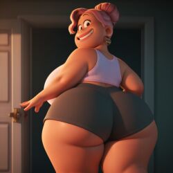 ai ai_assisted ai_generated ass ass_focus bbw brown_skin chubby_female curvy disney fat_ass female female_only from_behind huge_breasts huge_butt jayren looking_at_viewer looking_back mature mature_female milf obese overweight overweight_female pixar shorts solo tank_top thick_thighs vanessa_rodriguez win_or_lose_(pixar)