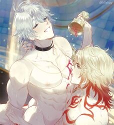 2boys abs antenna_hair black_choker blonde_hair blue_eyes blush braid chest_tattoo choker commentary cup english_commentary gradient_hair hair_between_eyes hand_in_another's_hair holding holding_another's_arm holding_cup honkai:_star_rail honkai_(series) k0shpy large_pectorals licking male male_focus medium_hair multicolored_hair multiple_boys muscular muscular_male mydei_(honkai:_star_rail) nude open_mouth pectorals phainon_(honkai:_star_rail) pouring pouring_onto_self red_hair red_tattoo short_hair shoulder_tattoo side_braid tattoo white_hair yaoi yellow_eyes