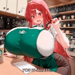 1girls 2025 ai_generated barista big_breasts breast_expansion breast_focus breasts_bigger_than_head breasts_out breasts_out_of_clothes clothed clothed_female comic dialogue expansion expansion_sequence female gigantic_breasts huge_breasts job lactation light_skin light_skinned_female red_hair red_hair_female shocking_expression talking_to_another work_uniform