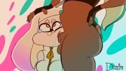 cum_in_mouth cum_inside dark-skinned_futanari doodlingderelict fingerless_gloves flaccid_penis futanari inkling interracial larger_futanari marina_(splatoon) navel_piercing no_sound octoling oral pearl_(splatoon) penis size_difference smaller_female splatoon splatoon_2 tagme video