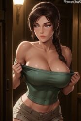 1girls ai_generated bare_shoulders big_breasts braid braided_hair brown_hair female female_only lara_croft lara_croft_(survivor) looking_away navel_visible_through_clothes patreon pubic_hair_peek salupai solo solo_female standing tomb_raider tomb_raider_(survivor) uncensored undressing watermark