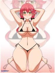 1girls ahoge bikini blush breasts closed_mouth feet female green_eyes hair_ornament hands_behind_head highres hips hololive hololive_gen_0 hololive_japan large_breasts layerth legs light-skinned_female light_skin long_hair looking_at_viewer on_knees pink_hair sakura_miko sitting solo thick_thighs thighs twintails virtual_youtuber wide_hips