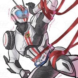 1boy arm_tied arm_up armor armored_male belt blue_eyes blush blush_lines blushing_through_mask bodysuit bodysuit_bulge erect_penis erection erection_under_bodysuit go_shijima hand_up helmet kamen_rider kamen_rider_drive_(series) kamen_rider_mach leg_tied legs_apart legs_spread male male_focus male_only mask masked masked_male masked_only mmmaao no_visible_face pixiv_id ribbon ribbon_bondage ribbons solo tied_arm tied_leg tied_thigh tied_waist tremble_lines trembling visor watermark wheel white_armor white_clothing