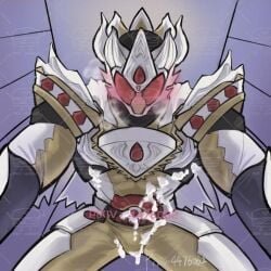 1boy armor armored_male blush blush_lines blushing_through_mask bodysuit bodysuit_bulge bottom_pov cake cum cum_on_body erect_penis erection erection_under_bodysuit heavy_blush heavy_breathing kamen_rider kamen_rider_gavv kamen_rider_gavv_(series) leaning_down looking_down looking_down_at_viewer male male_focus male_only masked_only missionary missionary_position mmmaao no_visible_face on_top on_top_of_viewer pixiv_id pov pov_missionary red_eyes shoma_(kamen_rider_gavv) watermark