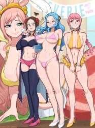 4girls afrobull athletic athletic_female big_breasts big_thighs bikini blue_eyes blue_hair breasts brown_hair female female_focus female_only giant_breasts huge_breasts komane_(one_piece) light-skinned_female light_skin massive_breasts nefertari_vivi one_piece orange_eyes pink_hair rebecca_(one_piece) shirahoshi thick_thighs thighhighs thighs