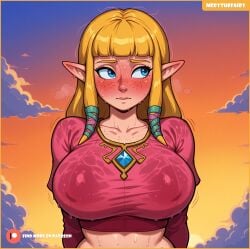 2025 ai_assisted ai_generated aroused aroused_face aroused_smile big_breasts blonde_hair blue_eyes crop_top elf_ears embarrassed freckles highres horny horny_female huge_breasts light-skinned_female light_skin looking_away merythefairy messy_hair nipples_visible_through_clothing patreon pink_crop_top princess_zelda sky skyward_sword sunset tagme the_legend_of_zelda zelda_(skyward_sword)