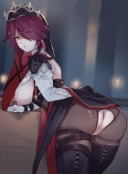 anus arm_support ass bent_over blurry blurry_background breasts breasts_out brown_pantyhose cleft_of_venus closed_mouth clothes_lift crotchless crotchless_pantyhose dress dress_lift elbow_gloves female from_behind genshin_impact gloves hair_over_one_eye highres indoors large_breasts lifting_own_clothes looking_at_viewer mocomori nipples no_bra no_panties nun pale_skin pantyhose parted_bangs presenting pussy red_eyes red_hair rosaria_(genshin_impact) shoulder_blades skindentation solo thigh_strap thighhighs tiara twisted_torso veil